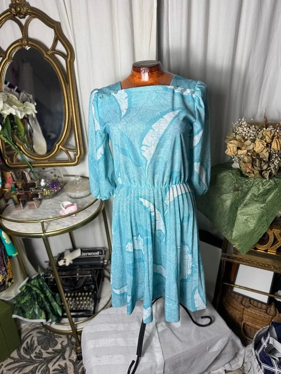 60s Feather Blue Women's Midi Dress a line - Picture 2 of 7